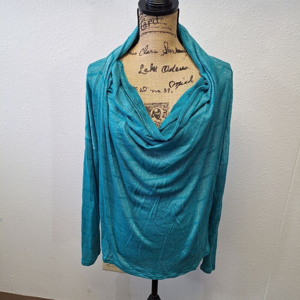 Sun & Moon Plunged Draped Top Stretch Long Sleeve Blue Green Women's Size XL